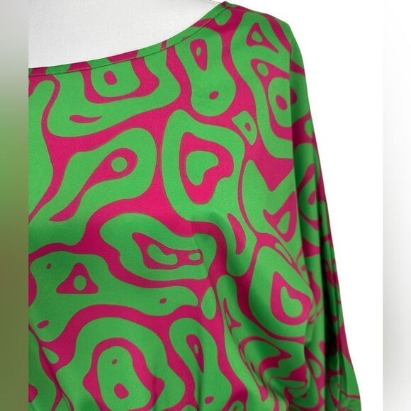 Printed Lantern Long Sleeve Loose Maxi Dress Vibrant Green Pink Size XXL - Picture 5 of 13